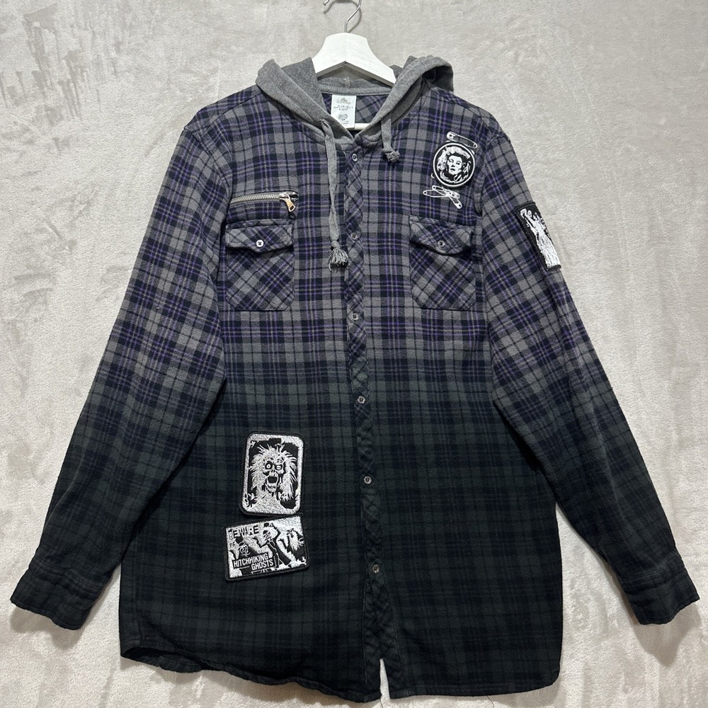 Disney The Haunted Mansion Plaid Flannel Woven Hooded Shirt Size‎ Large